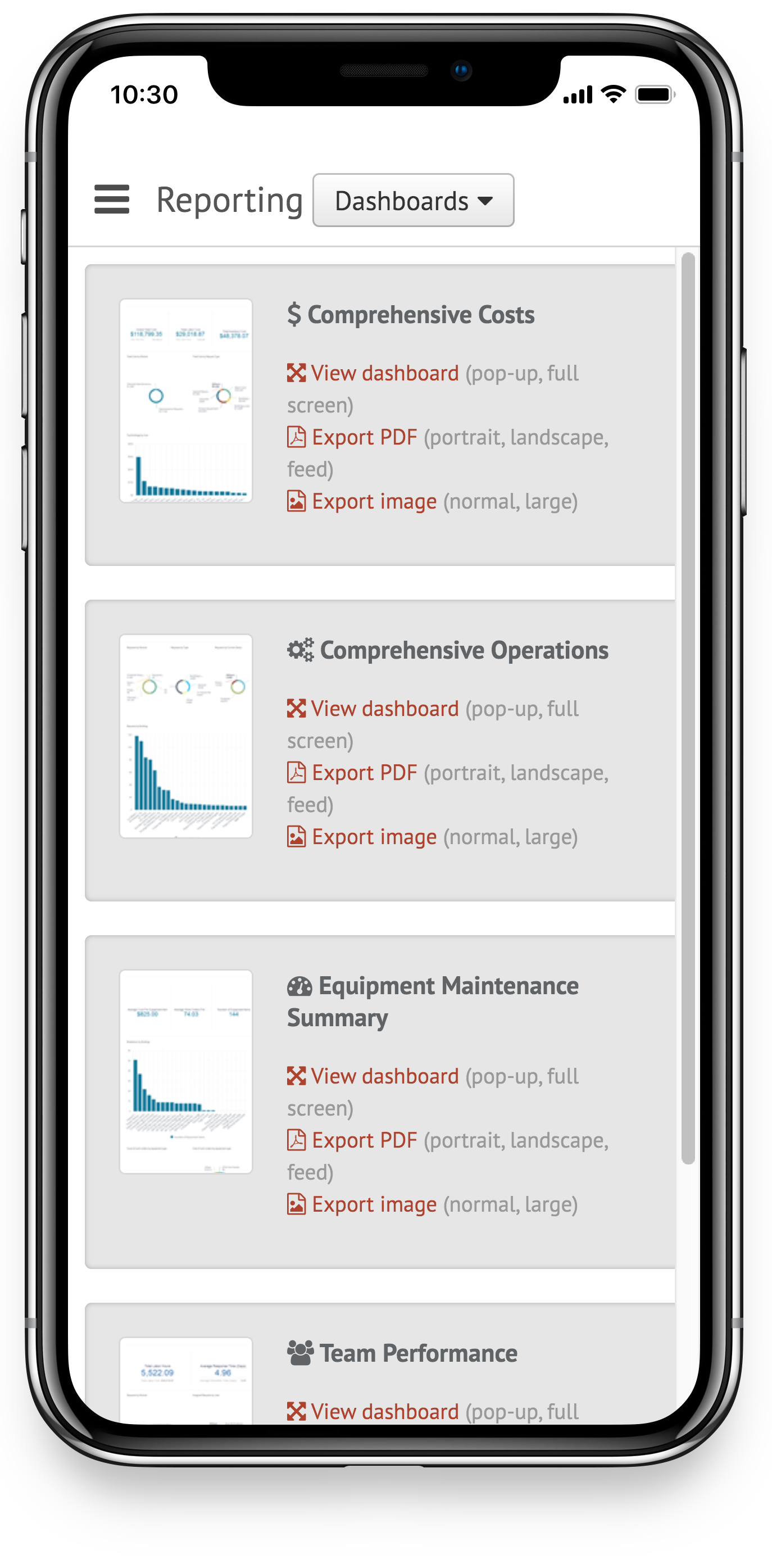 facility reporting capabilities on a mobile device