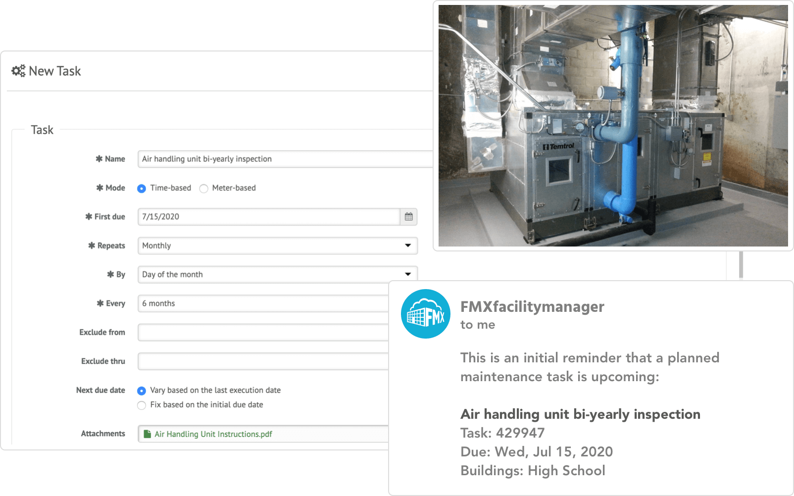 maintenance scheduling: email reminder from FMXfacilitymanager to perform planned maintenance on an air handling unit