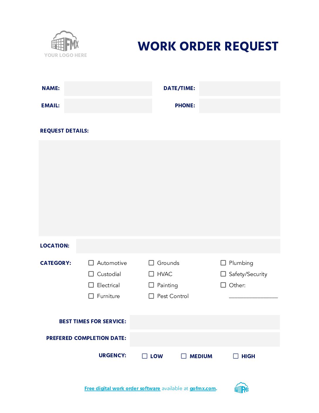 Free customizable template: work order request form