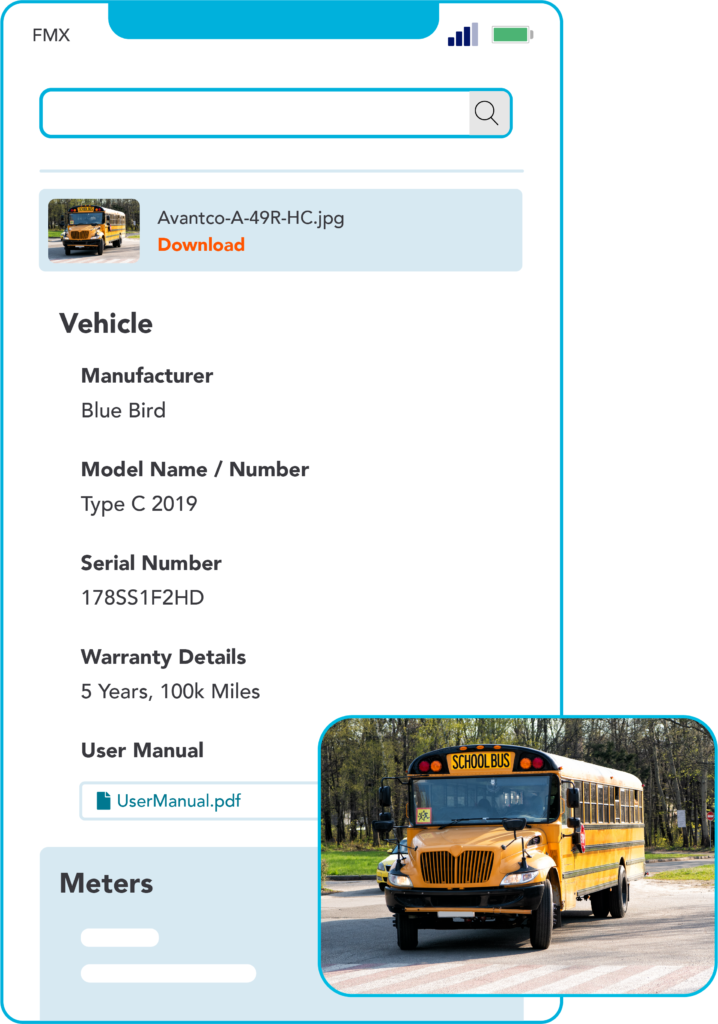 Bus warranty details in bus maintenance software can track information like photos, manufacturer, model, warranty details, and the user manual