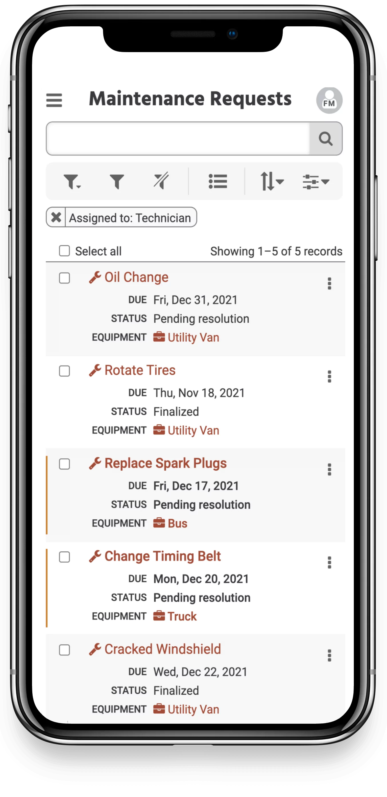 mobile fleet maintenance software list screen can include tasks like 