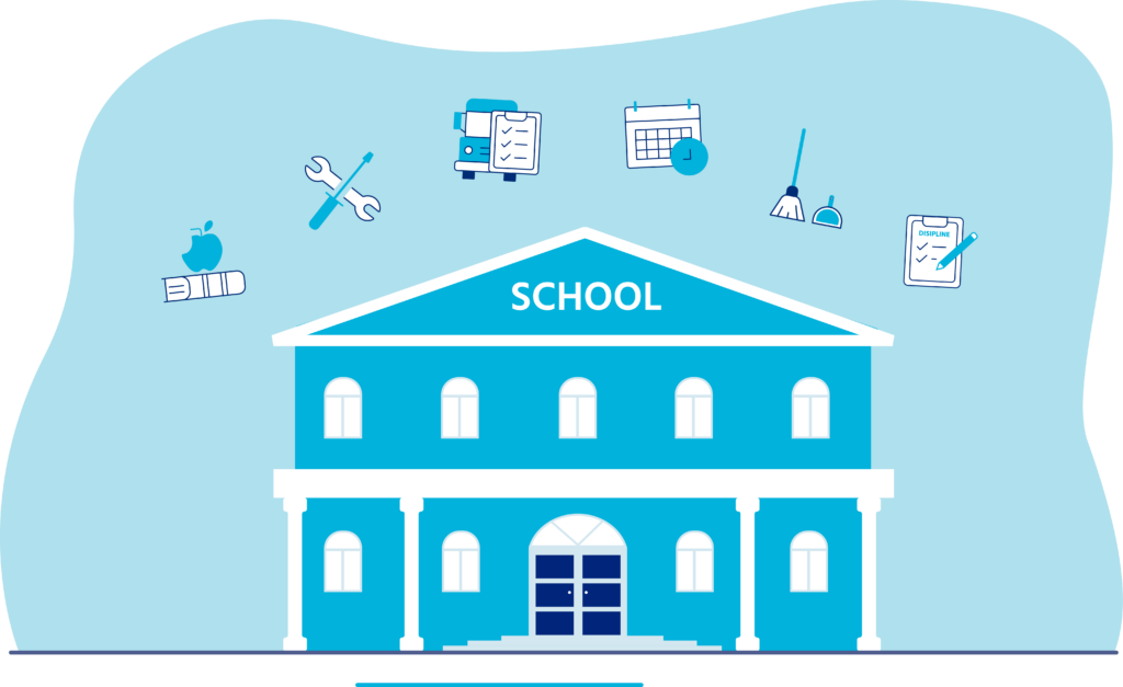 School building illustration shows key assets associated with school facilities maintenance, including asset management and more.