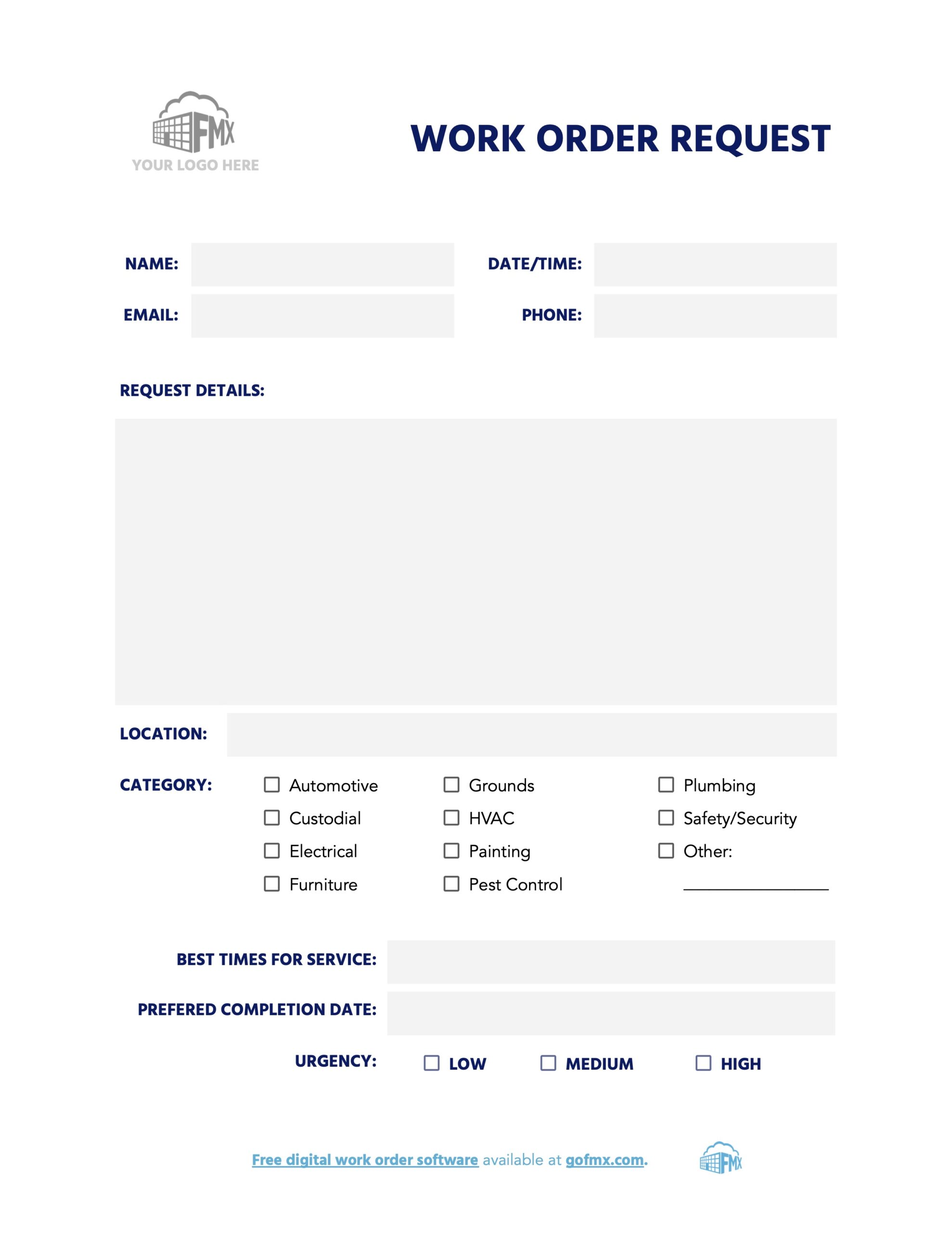 A sample work order request template includes fields for name, date, email, phone, request details, location, category, the best time for service, due date, and urgency.