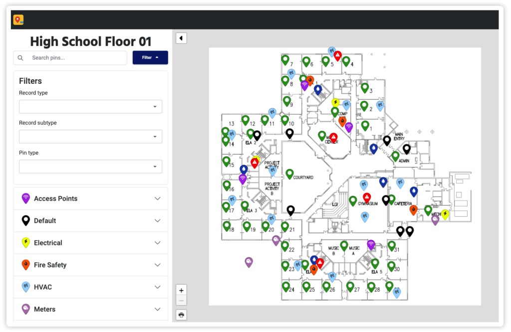 floor plan with pins for access points, electrical, fire safety, HVAC, and meters