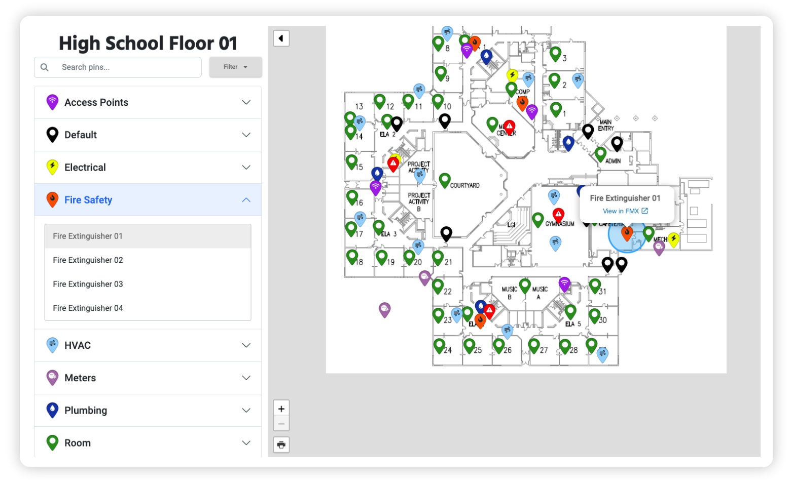 find and highlight assets like fire extinguishers on a floorplan using the search interface
