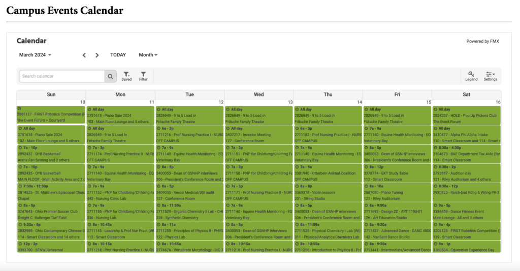 Campus events calendar. Powered by FMX.