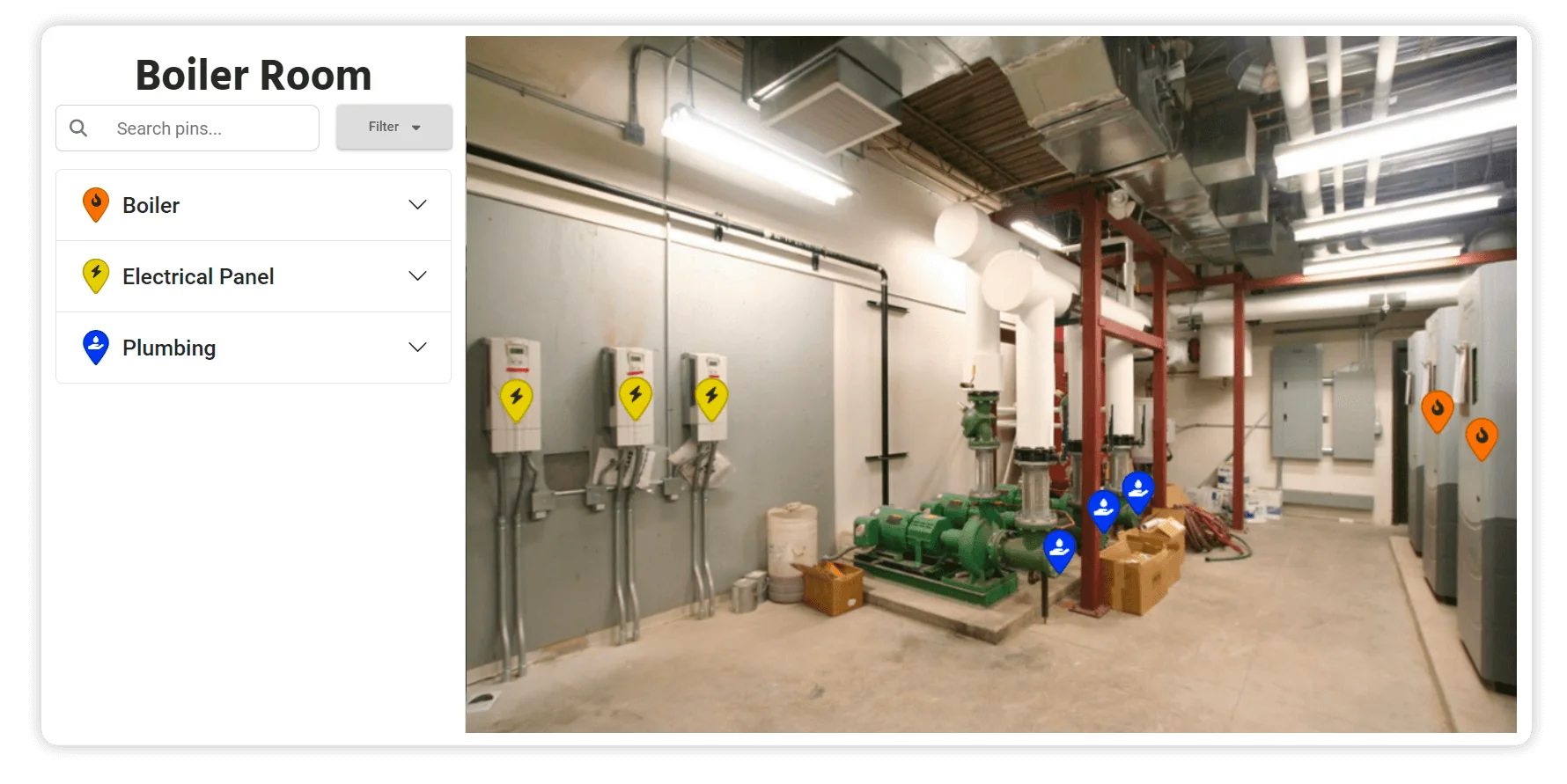 Interactive Mapping depicting a visual layout of a boiler room.