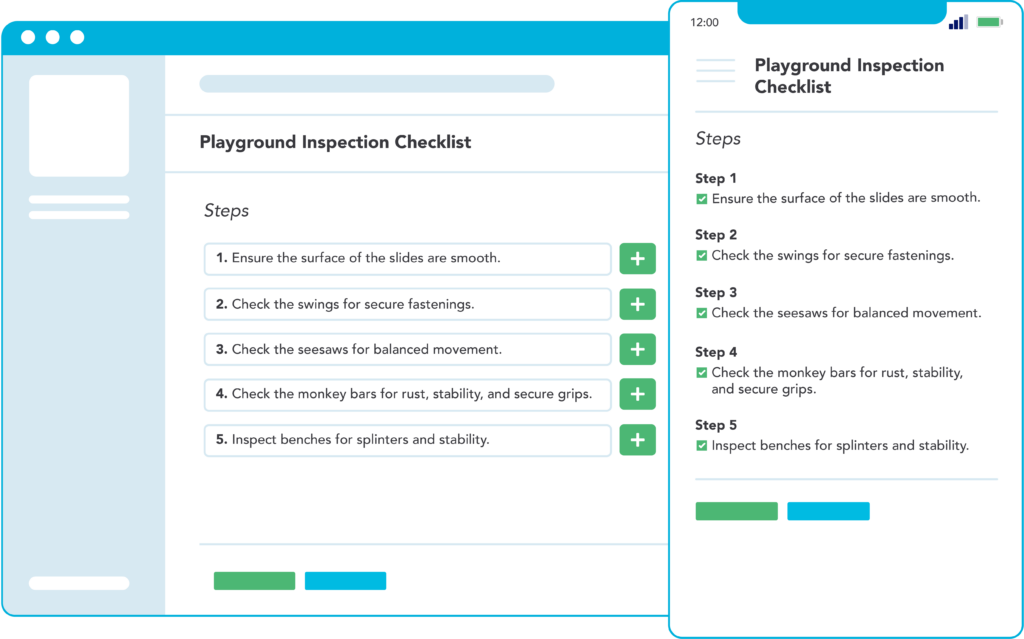screenshot of preventive maintenance software set up with a playground inspection checklist. the PM software allows mobile device access for performing inspections in the field.