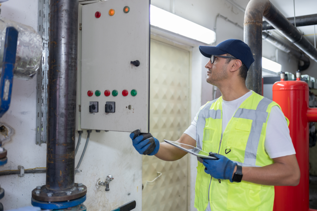 A technician works on facilities asset management tasks.